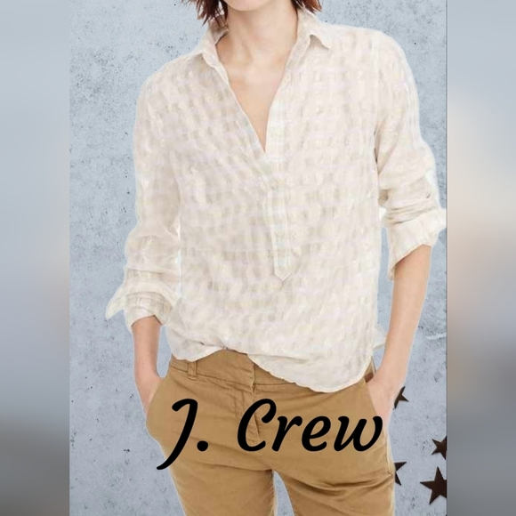 J. Crew Tops - J. Crew Top Womens Sz 12 Tall White & Gold Metallic Plaid Voile Popover